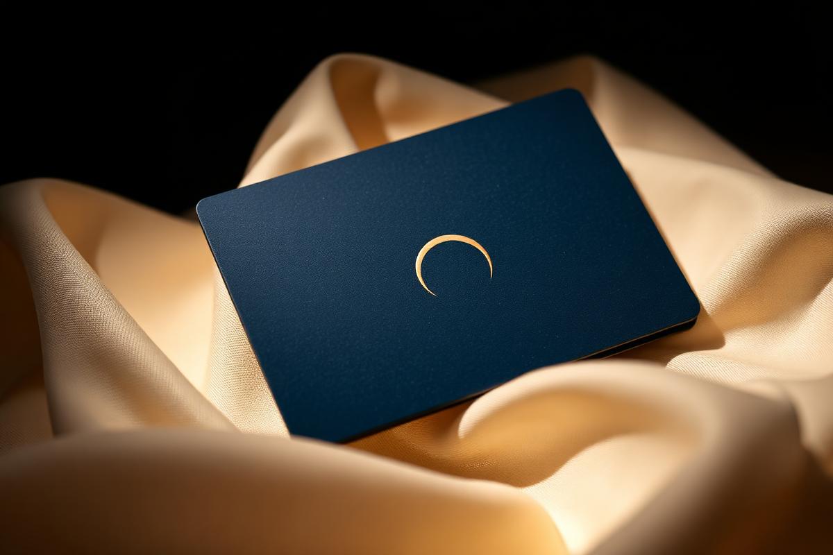 Carte cadeau VEILLELUNE bleu nuit posée sur du lin ivoire