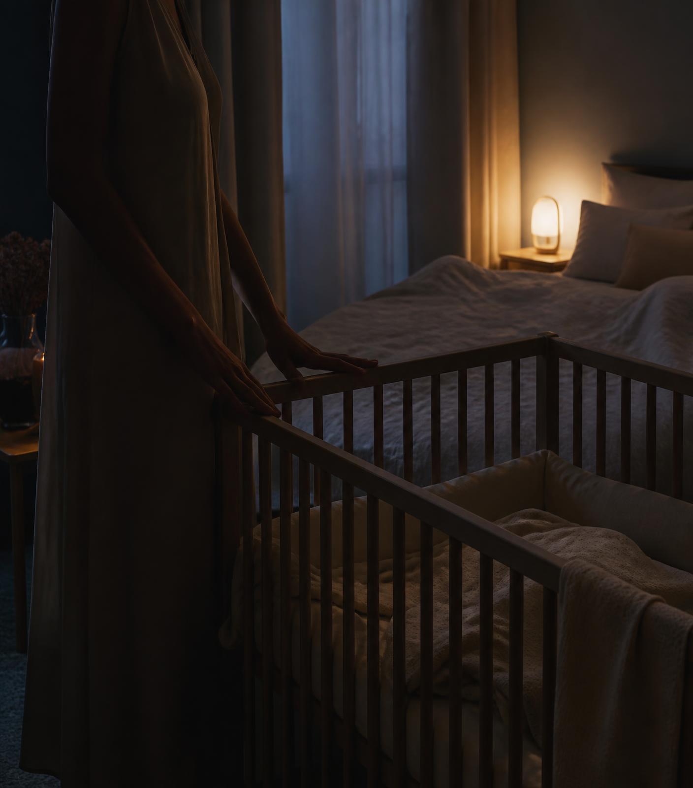 Chambre apaisée la nuit, une professionnelle veille près du berceau